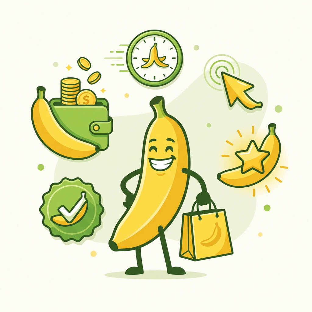 Bananacodes benefits: verified coupons, savings, fast deals, easy use, and rewards, with a banana character and icons